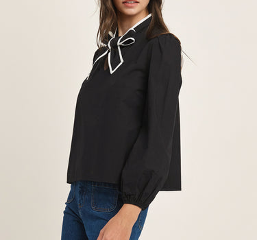 Contrast Trim Bow Tie Blouse 6Pcs