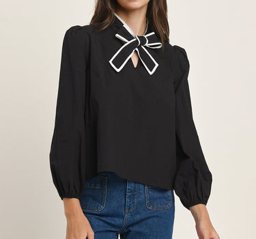 Contrast Trim Bow Tie Blouse 6Pcs