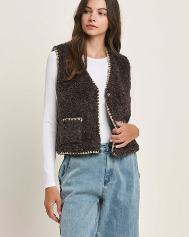 Contrast Stitch Faux Fur Vest 6Pcs