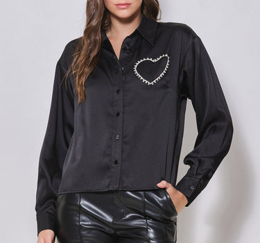 Button Down Shirt with Rhinestone Heart