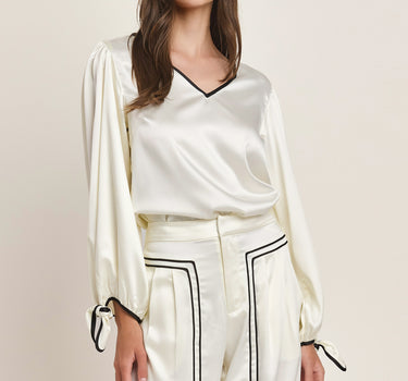 Bow Sleeve Contrast Trim Satin Top