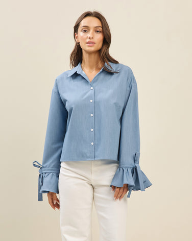 Bow-Cuff Stripe Button Down Shirt