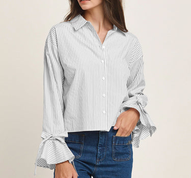 Bow Cuff Stripe Button Down Shirt 6Pcs