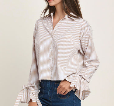 Bow Cuff Stripe Button Down Shirt 6Pcs