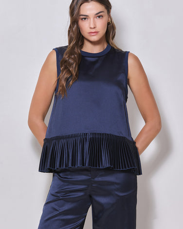 Sleeveless Satin Pleated-hem Top