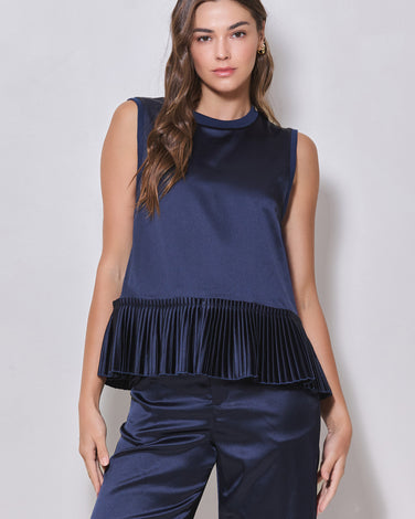 Sleeveless Satin Pleated-hem Top