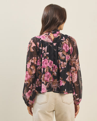 Metallic floral print tie neck blouse