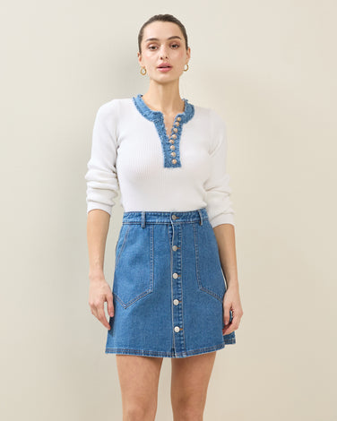 Frayed Denim Trim Sweater Top