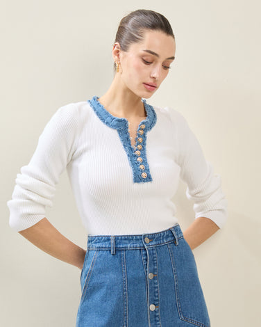 Frayed Denim Trim Sweater Top