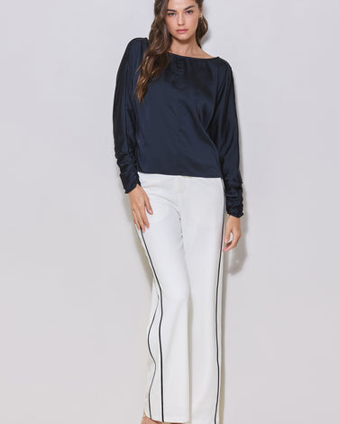 Satin Long Sleeve Boat Neck Blouse