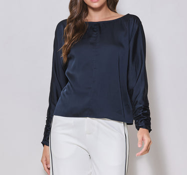 Satin Long Sleeve Boat Neck Blouse