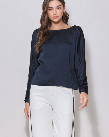 Satin Long Sleeve Boat Neck Blouse