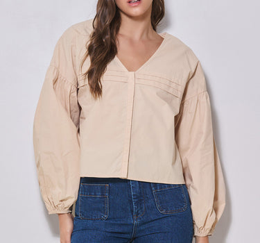 V-Neck Volume Sleeve Poplin Blouse