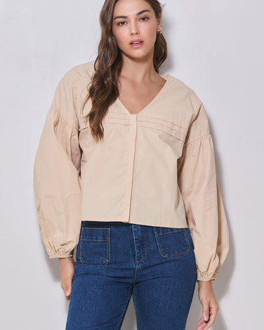 V-Neck Volume Sleeve Poplin Blouse