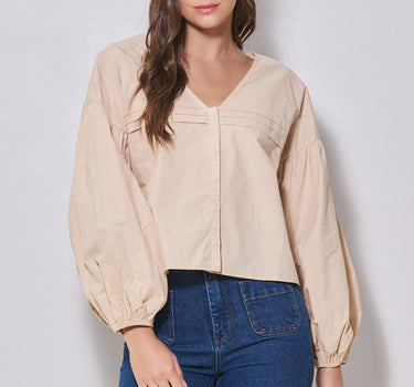 V-Neck Volume Sleeve Poplin Blouse