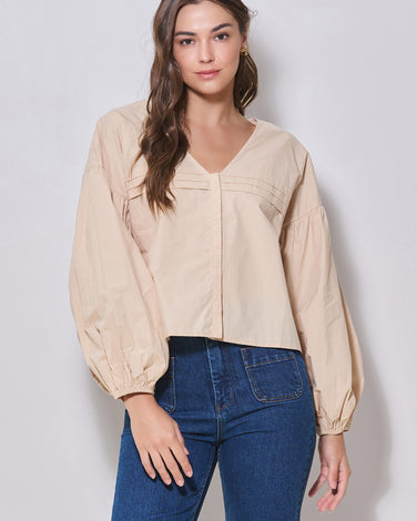 V-Neck Volume Sleeve Poplin Blouse