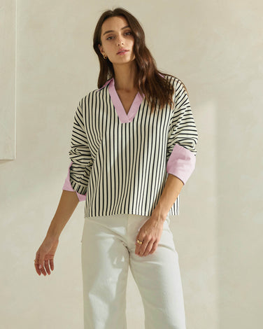 Striped Top with Contrast Neck & Cuffs