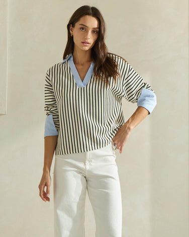 Striped Top with Contrast Neck & Cuffs