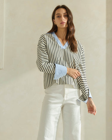 Striped Top with Contrast Neck & Cuffs