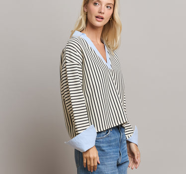 Striped Top with Contrast Neck &amp; Cuffs