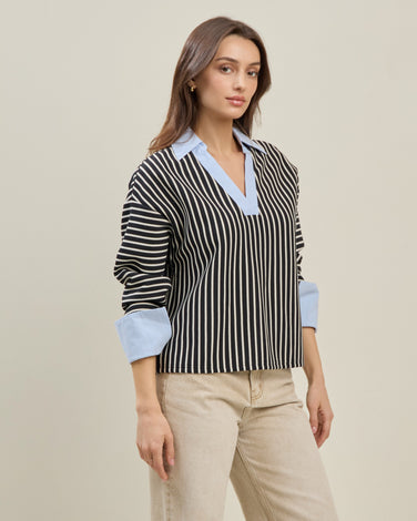 Striped Top with Contrast Neck & Cuffs