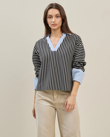 Striped Top with Contrast Neck & Cuffs
