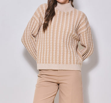 Two-tone Mock-neck Cable Sweater