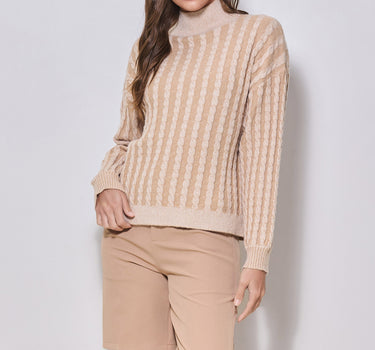 Two-tone Mock-neck Cable Sweater