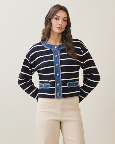 Denim trim striped cardigan