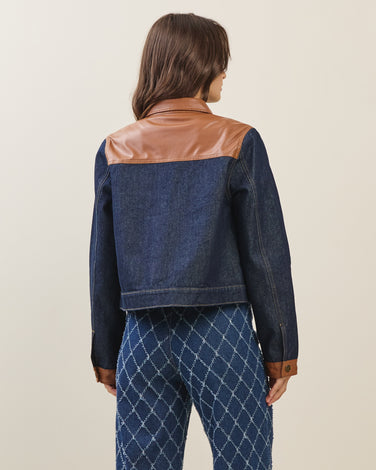 Denim vegan leather collar jacket