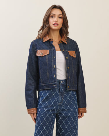 Denim vegan leather collar jacket